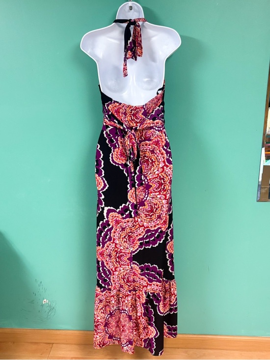 Bisou Bisou Pink & Black Floral Boho Halter Maxi Dress Womens 12 - Picture 6 of 9